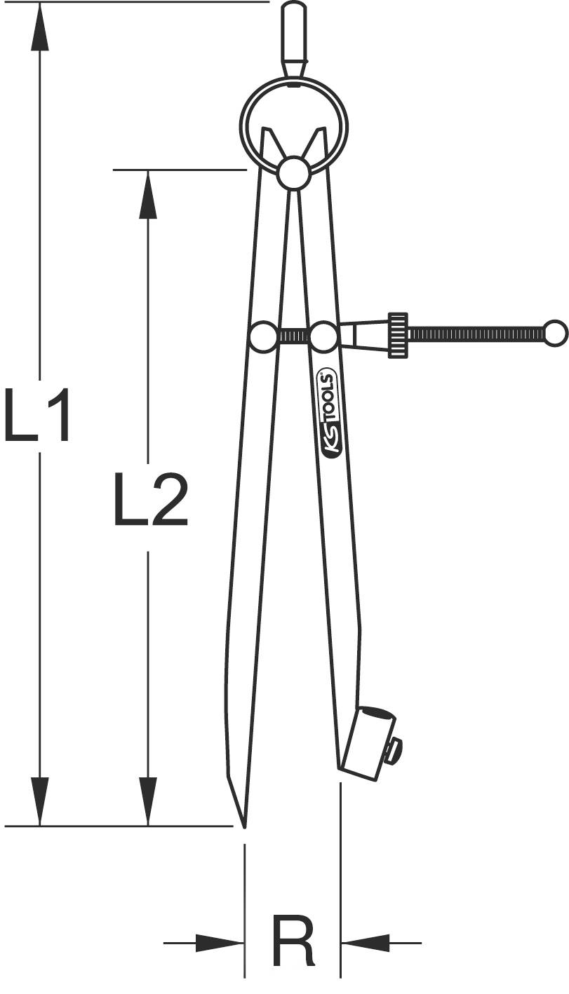 'Skizze eines Zirkels mit eingezeichneten Maßeinheiten L1, L2 und Radius R. Der Zirkel hat einen Feststellschrauben-Mechanismus.'
