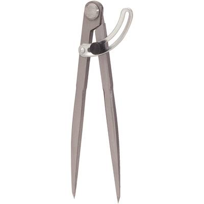 Ein metallener Zirkel mit zwei langen, spitzen Schenkeln, einem einstellbaren Drehgelenk und einem Feststellrad zur Justierung der Öffnung.