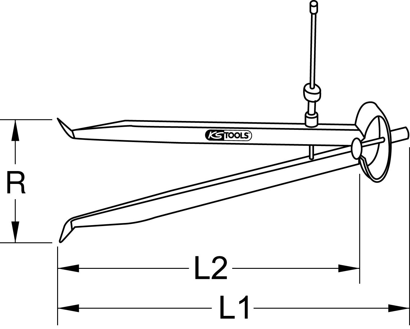 Ein Diagramm zeigt ein Messwerkzeug von KS Tools mit zwei Armen. Markierungen kennzeichnen die Längen L1 und L2 sowie den Radius R.