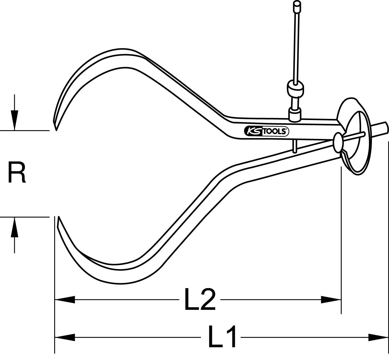 'Zeichnung eines Außenspitzenmessers mit Markierungen für Radius (R), Länge L1 und Länge L2. Werkzeug von KS Tools.'