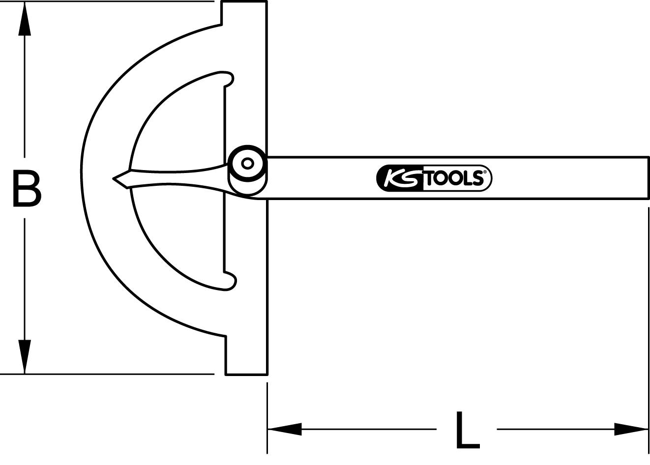 Illustration eines Winkelmessers mit den Maßen B und L. Das Werkzeug dient zur präzisen Messung von Winkeln in mechanischen Anwendungen.