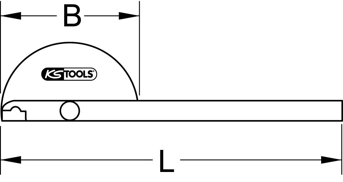 Line drawing eines Werkzeugs von KS Tools. Es zeigt ein kreisförmiges Element mit der Breite 'B' und einer länglichen Fläche mit der Länge 'L'.