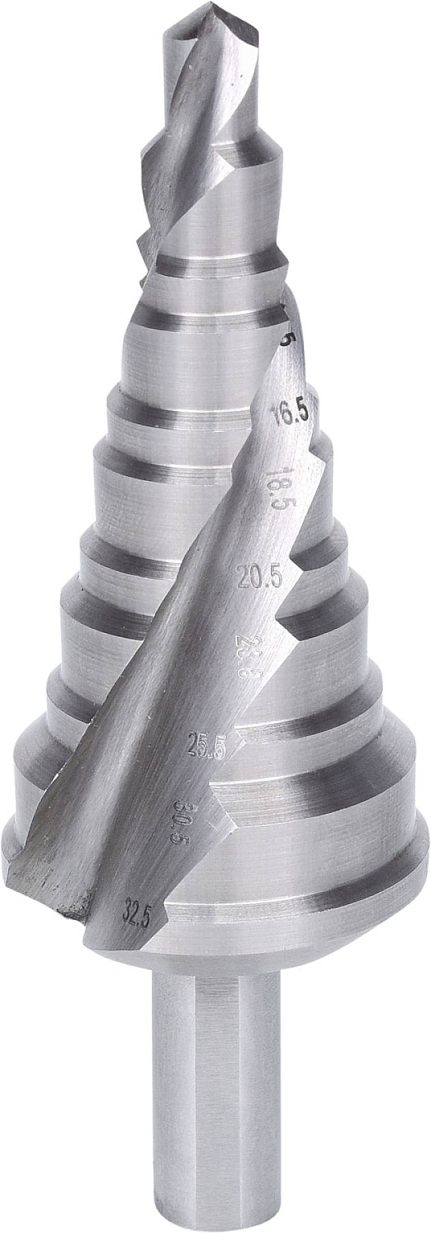 Bohrer aus Edelstahl mit abgestuften Kegellagen. Größen auf den Schritten markiert, von 4 mm bis 32 mm.