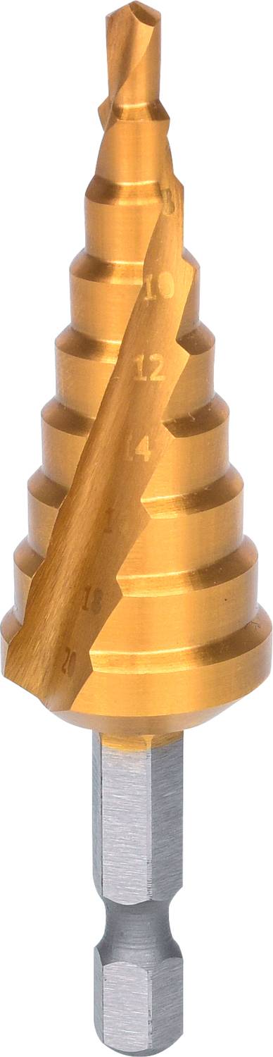 Ein goldener Stufenbohrer mit mehreren Stufen und Markierungen für verschiedene Lochgrößen.
