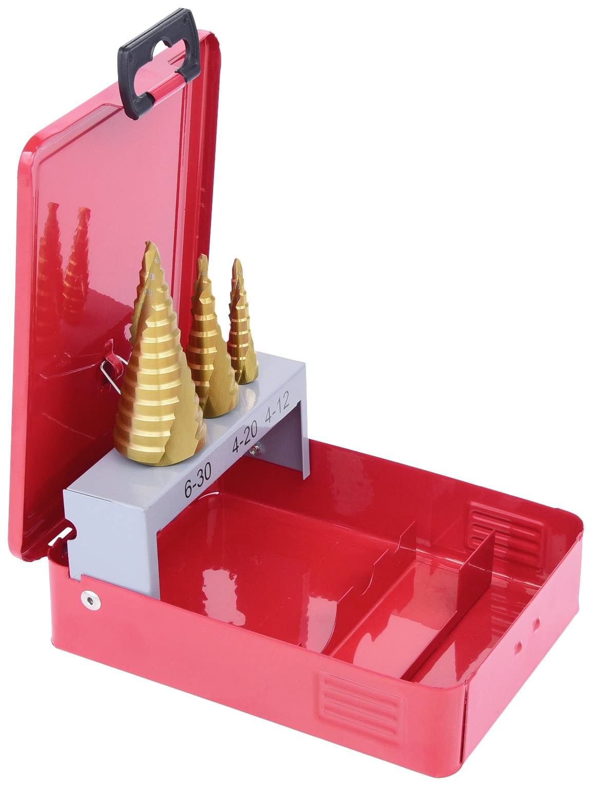 Rote Metallbox mit offenem Deckel enthält drei Stufenkegelbohrer in Steckplätzen, beschriftet mit Größenangaben 6-30, 4-20, 4-12.