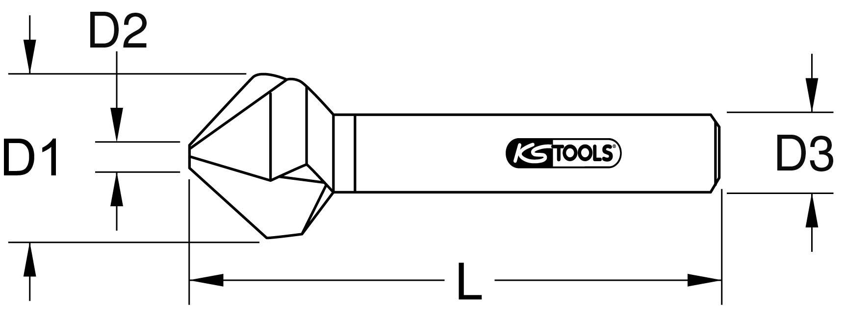 Technische Zeichnung eines Werkzeugs mit Kegelkopf und Griff. Beschriftungen: D1, D2, D3 für Durchmesser und L für Länge. Markierung 'KS Tools'.