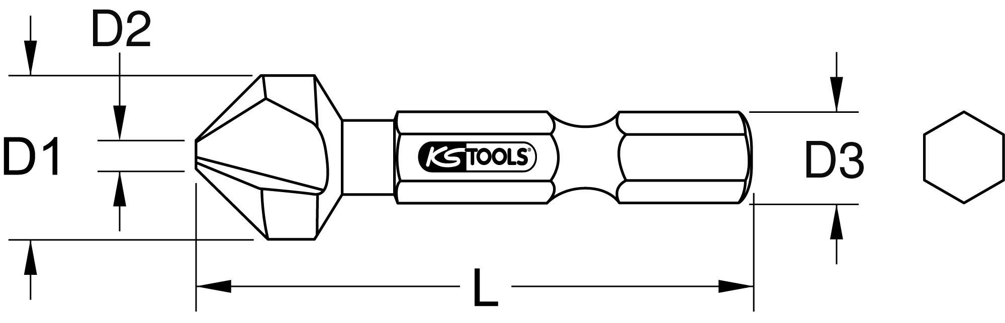 'KS TOOLS' Senker. Technische Zeichnung mit Maßen: D1, D2, D3 und L. Sechskantansicht rechts.