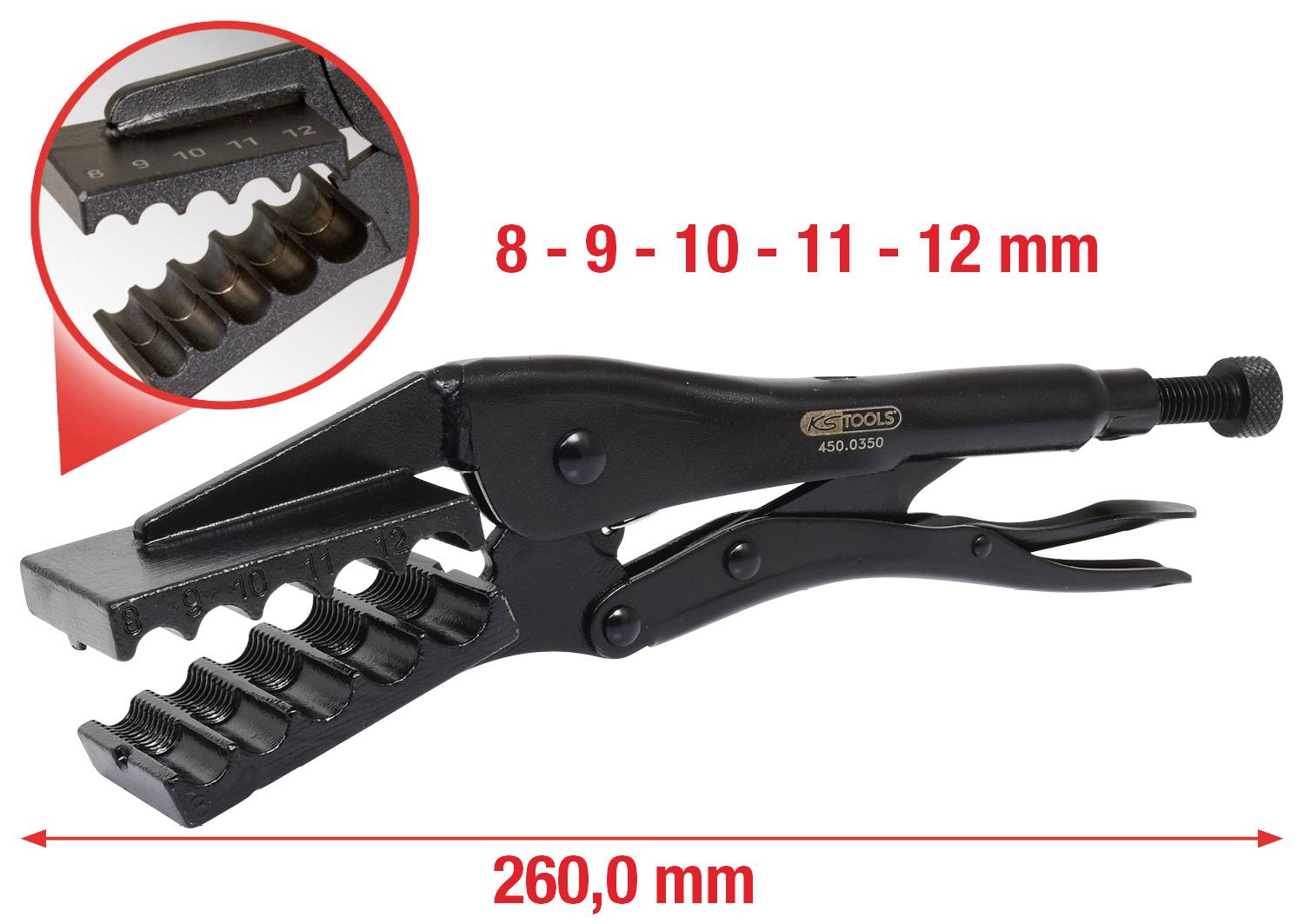 'Schlauchklemmenzange' für Schlauchdurchmesser von 8 bis 12 mm; Gesamtgröße der Zange: 260 mm. Ideal zur Sicherung von Schlauchverbindungen.