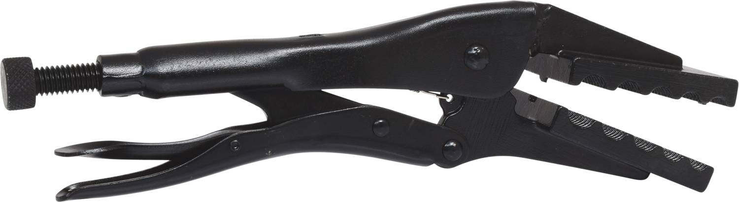 Schwarze Feststellzange mit geriffelter Zangenspitze, zum Fixieren oder Halten von Objekten bei mechanischen Arbeiten.
