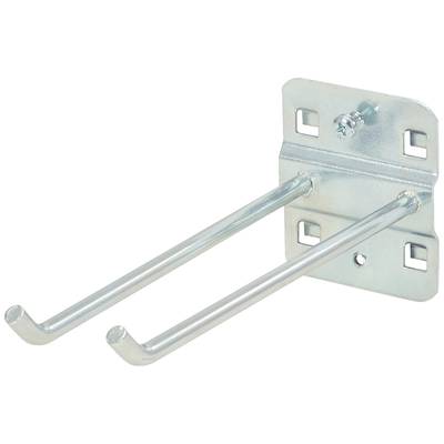 Metall-Haken mit zwei Armen zur Wandmontage, geeignet für die Aufbewahrung von Gegenständen wie Werkzeugen oder Gartengeräten.