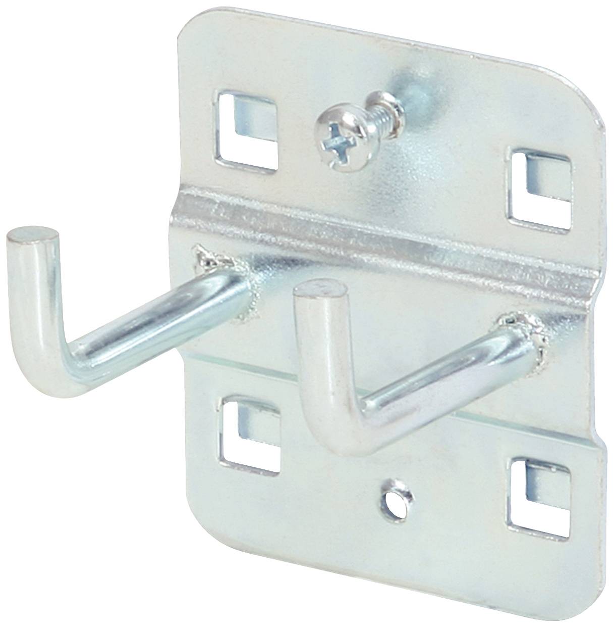 Wandhalterung mit zwei stabilen Haken aus Metall und Schrauben zur Befestigung, geeignet zum Aufhängen von Werkzeugen oder Gegenständen.