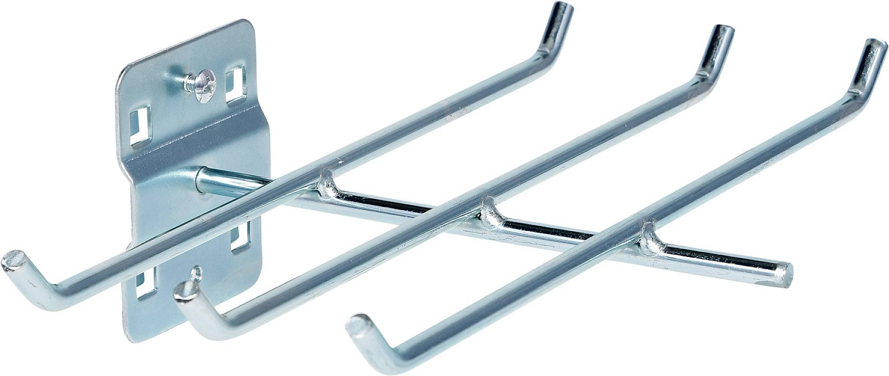 Metallischer Wandhaken mit vier doppelten Haken, geeignet zum Aufhängen von Gegenständen in einer Werkstatt oder Garage.