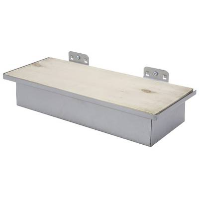 Metallische Ablage mit Holzplatte und zwei Halterungen zur Wandmontage.