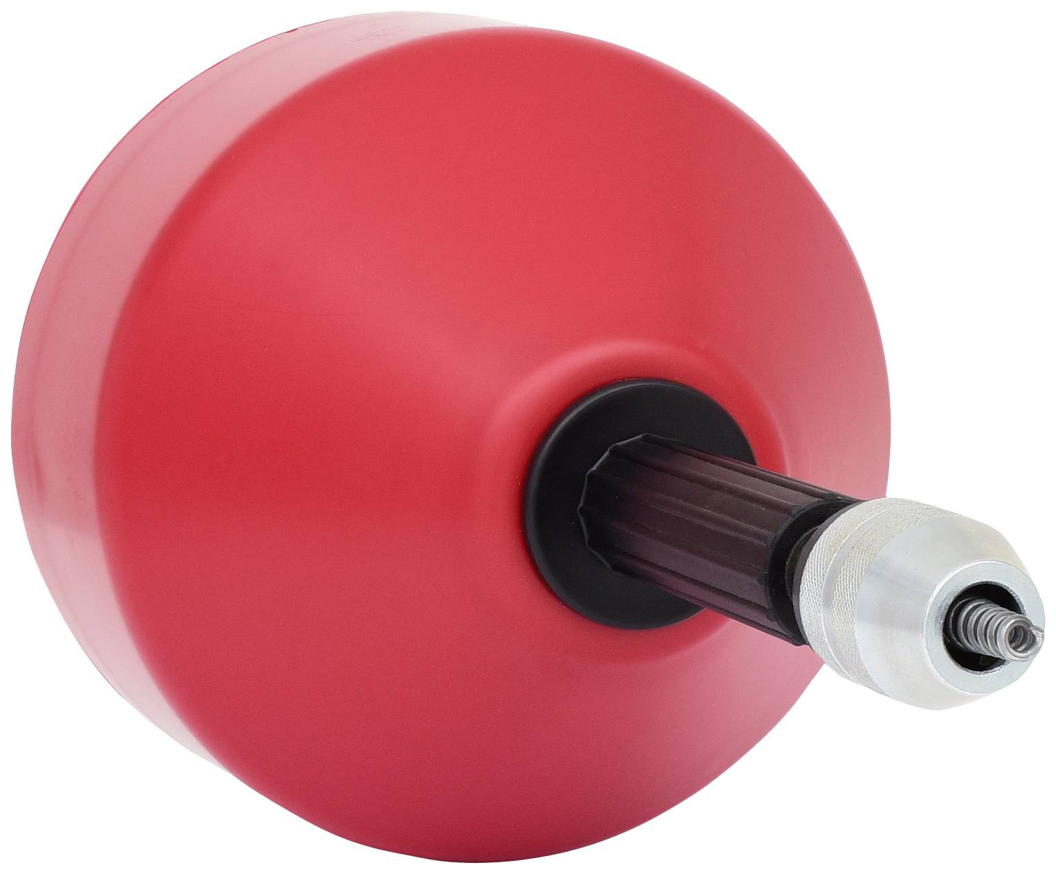 Ein roter Pömpel mit einem schwarzen, gerippten Stiel und einem silbernen Schraubaufsatz, oft verwendet zum Reinigen von Abflüssen.