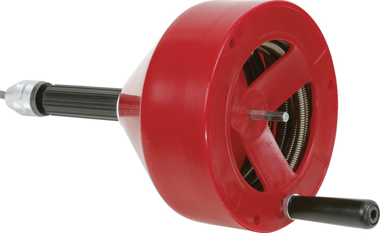 Eine rote Rohrreinigungsspirale mit schwarzem Griff und Metallspitze, verwendet zur Beseitigung von Blockaden in Rohren.