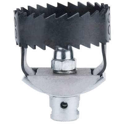 Ein Metalllochschneider mit gezahntem Klingenrand, montiert auf einem Bohrmaschinenadapter, geeignet zum Schneiden von großen Löchern in Holz oder Metall.