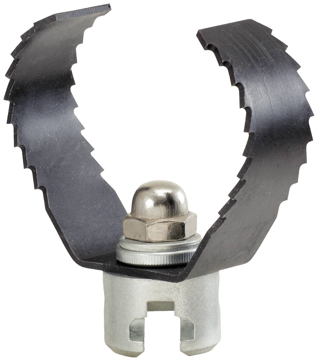 Metallwerkzeug mit gebogenen, gezackten Klingen, das an einer Schraubverbindung befestigt ist.