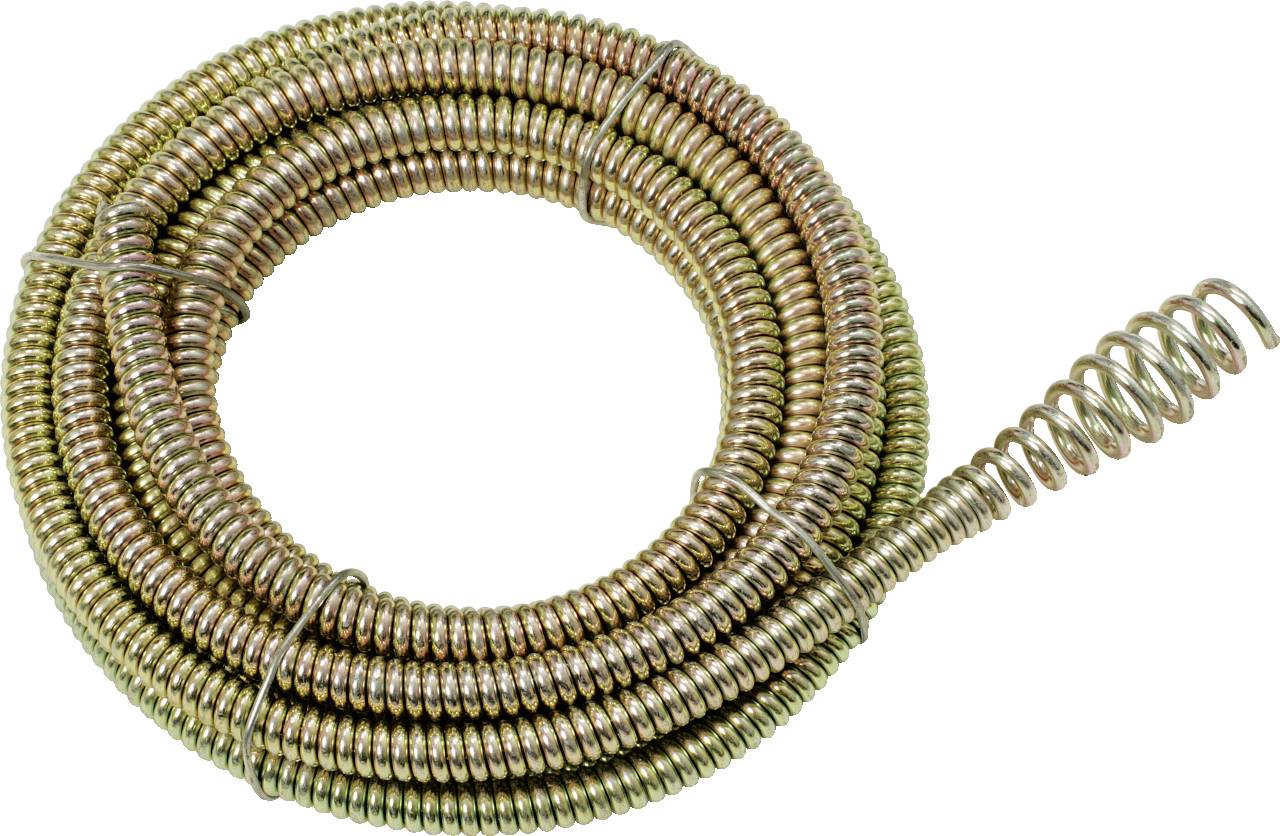 Eine aufgerollte Spiralfeder aus Metall mit Griff am Ende, oft als Abflussreiniger oder Rohrreinigungsspirale verwendet.