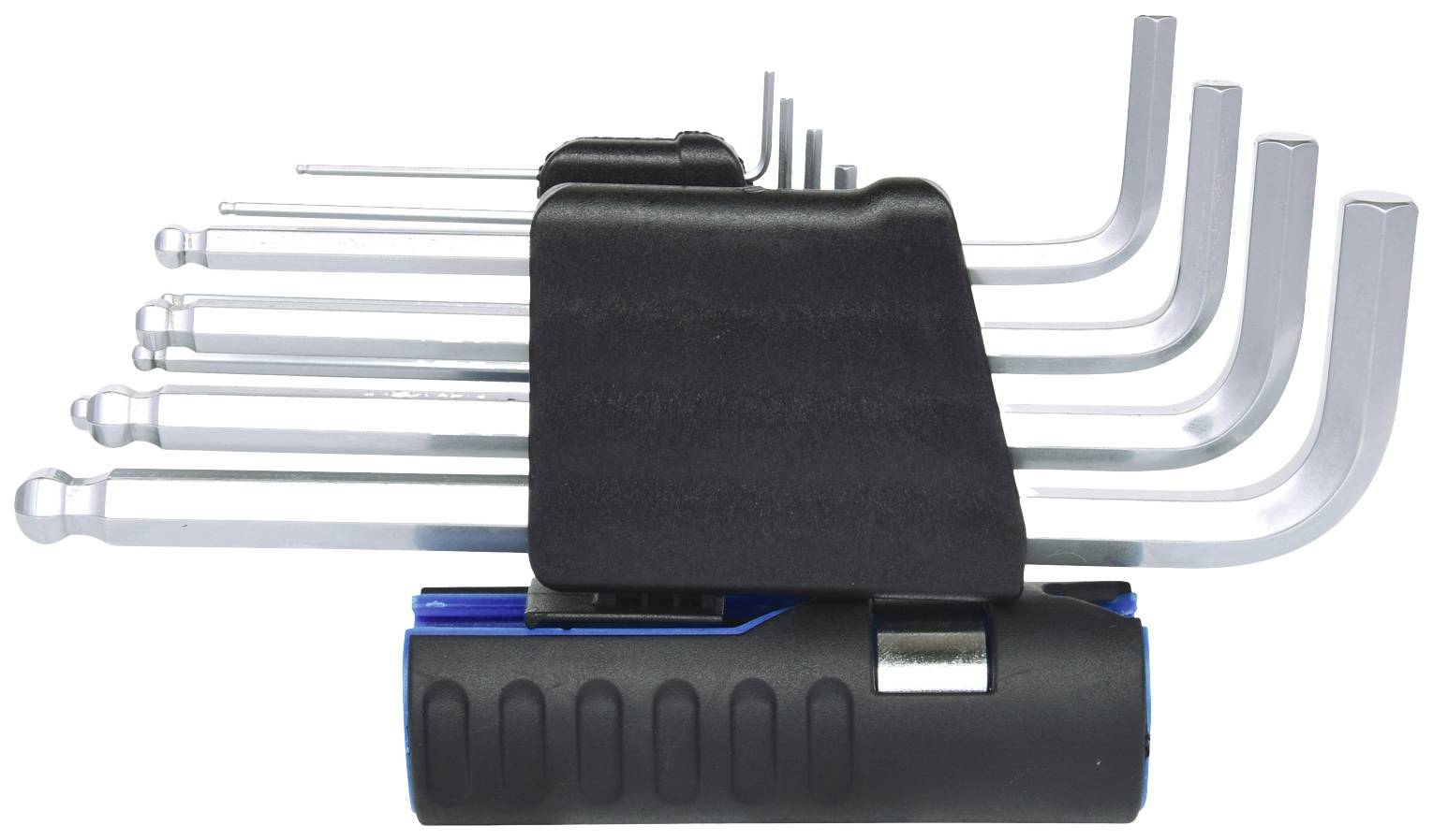 Ein Set Inbusschlüssel in verschiedenen Größen, geordnet in einem schwarzen Halter.