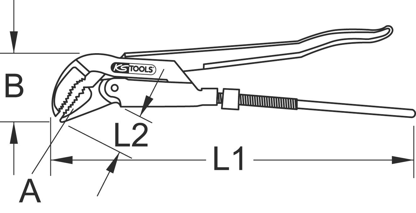 Technische Zeichnung einer Wasserpumpenzange mit Maßen A, B, L1 und L2. Zange ist gebogen mit gezahnter Greiffläche.