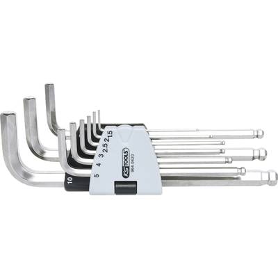 Ein Satz von neun Sechskantschlüsseln in verschiedenen Größen, gestaffelt angeordnet, von groß nach klein, aus Metall.