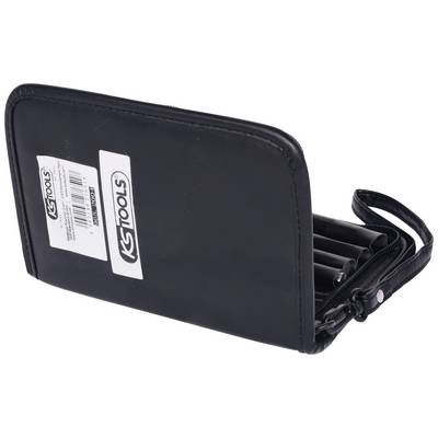 Eine schwarze Werkzeugtasche mit Reißverschluss, enthaltend mehrere Werkzeuge in Halterungen. Sichtbar ist ein Etikett mit der Aufschrift 'KS Tools'.