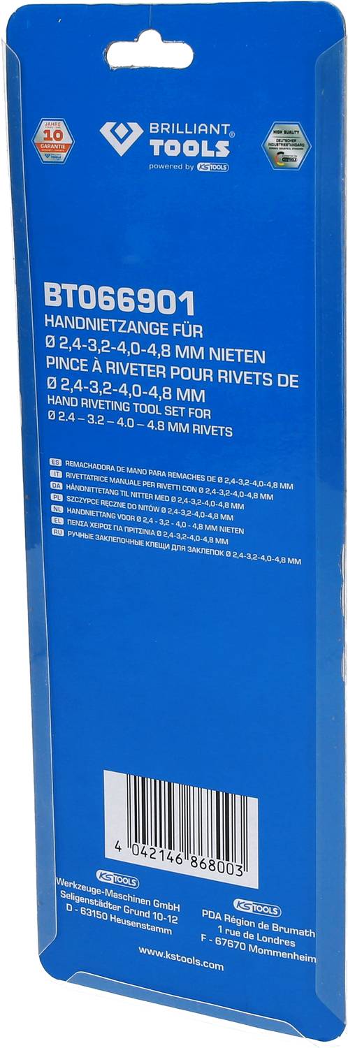 'Handnietzange BT066901 für 2,4-4,8 mm Nieten. Enthält 4 Größen Ambossköpfe. Verpackung in Blau mit Markenlogo oben.'