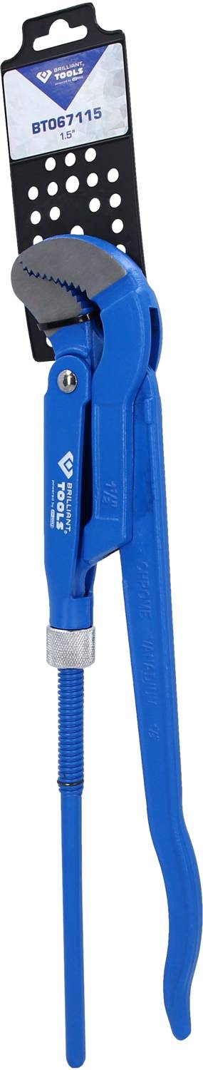Rohrzange, blau, mit verstellbarem Kiefer, geeignet zum Greifen und Festhalten von Rohren oder runden Teilen. Verpackt mit Produktinformation.
