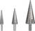 Drei silberne Metall-Stufenbohrer in unterschiedlicher Größe, nummeriert von 4 bis 32, stehen nebeneinander aufrecht.