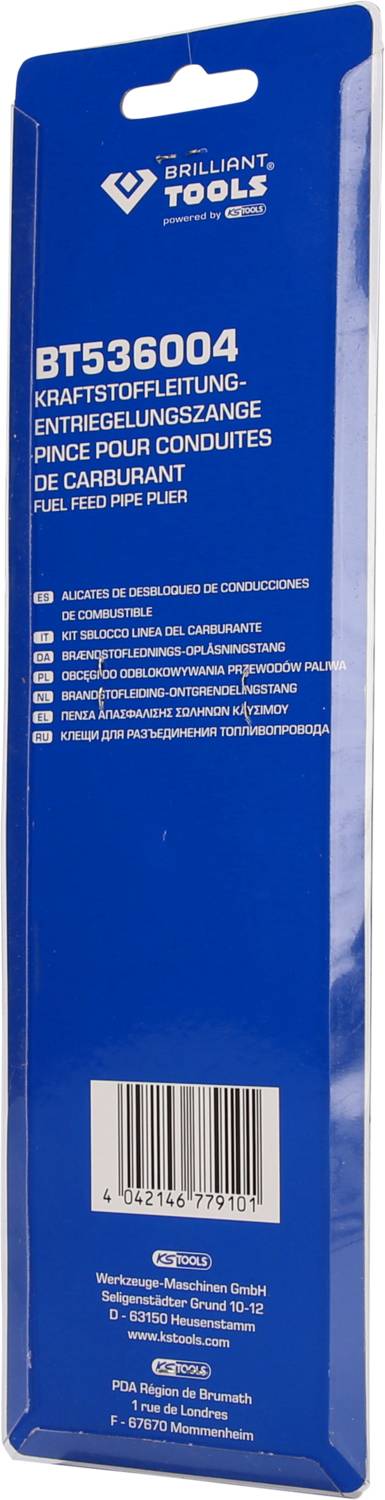 'BT536004 Kraftstoffleitung-Entriegelungszange' Verpackung für ein Werkzeug zur Entriegelung von Kraftstoffleitungen, blaue Farbe.