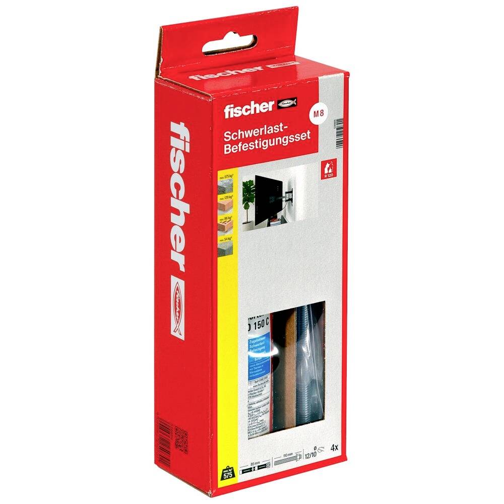 Verpackung eines Fischer Schwerlast-Befestigungssets in Rot mit sichtbarem Inhalt. Geeignet für M8-Befestigungen bei schweren Lasten.
