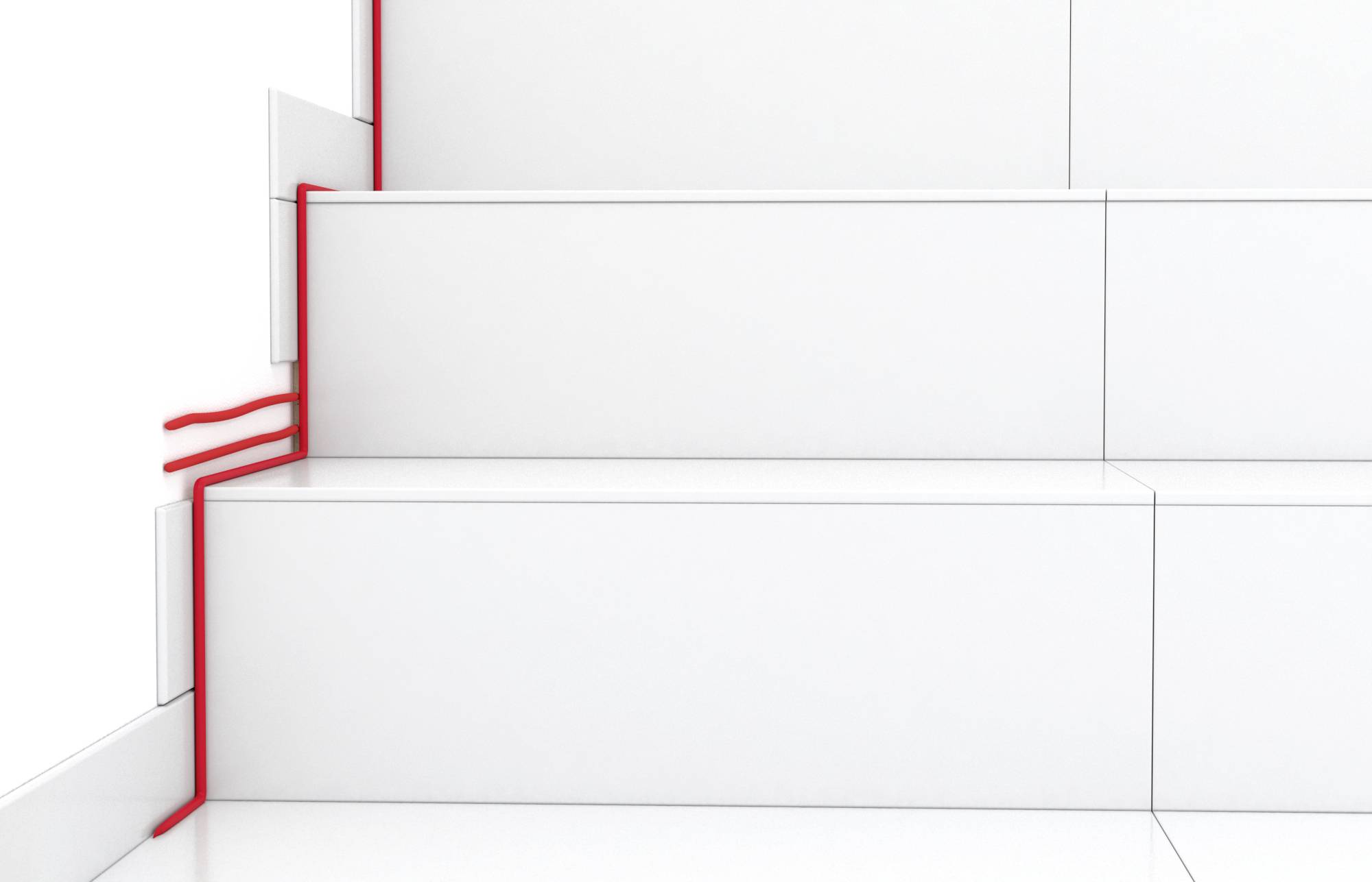 Eine weiße Treppe mit roten Linien, die die Kontur nachzeichnen, betont rechte Winkel und saubere Kanten.