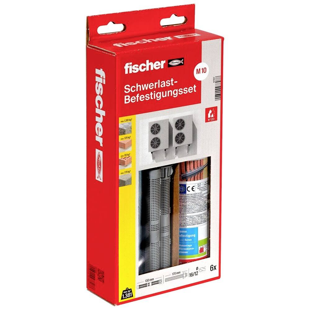 Verpackung eines 'fischer Schwerlast-Befestigungssets M10' mit Bolzenanker und Kartusche, rot-weißes Design, Aufschrift und Logo sichtbar.