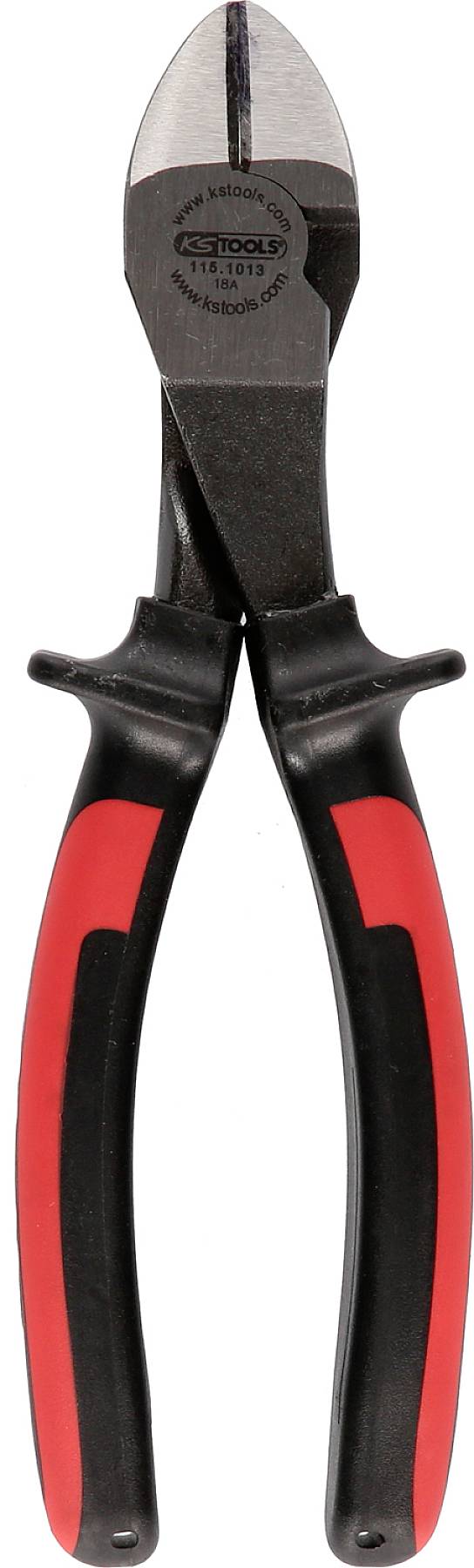 Zange mit roten und schwarzen Griffen auf weißem Hintergrund. Geeignet für Schneidearbeiten in Werkstätten oder Haushalt.