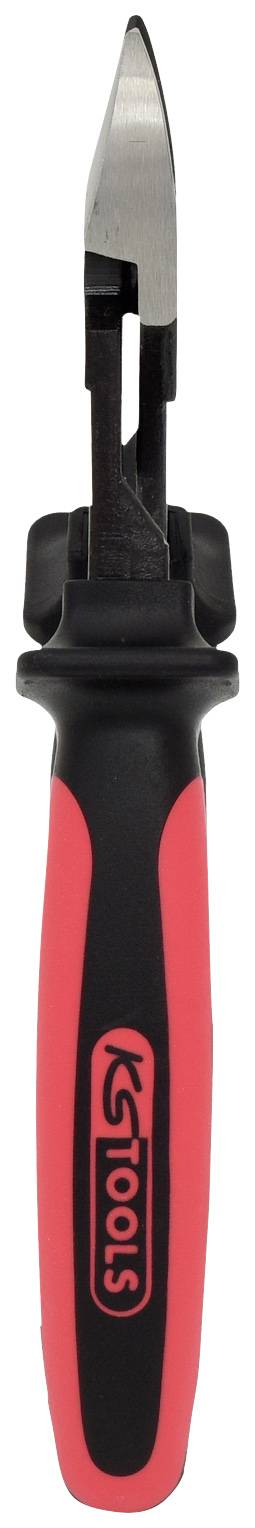 Rotes und schwarzes Handwerkzeug mit scharfer, spitzer Klinge, geeignet für präzise Schneidearbeiten.