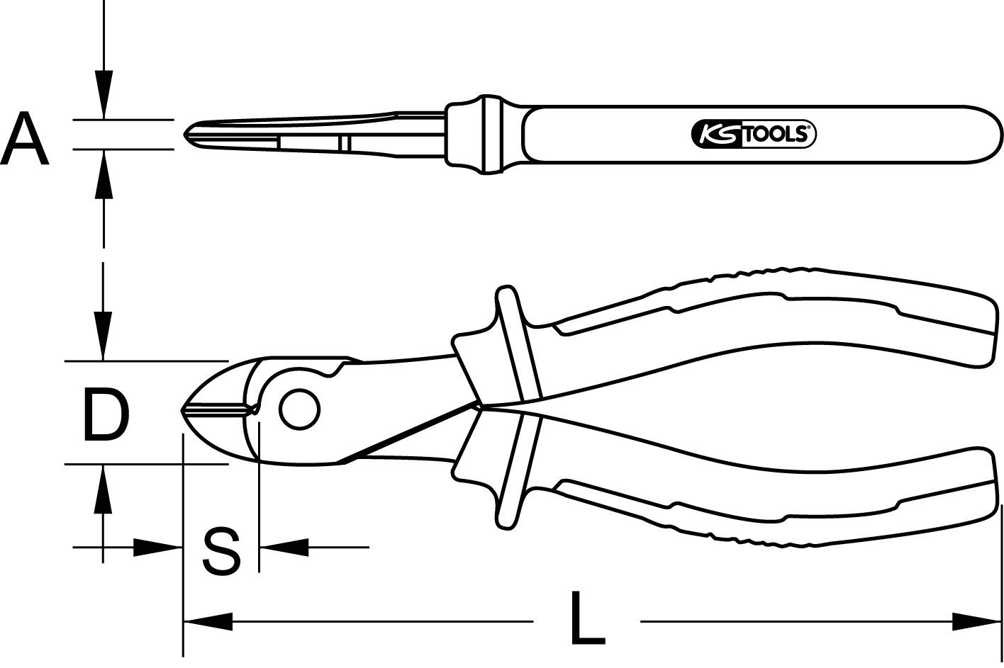'Abbildung zeigt die Maße einer Zange mit den Bezeichnungen: A, D, S, L. Oben ist ein Schraubendreher mit der Aufschrift KS Tools.'