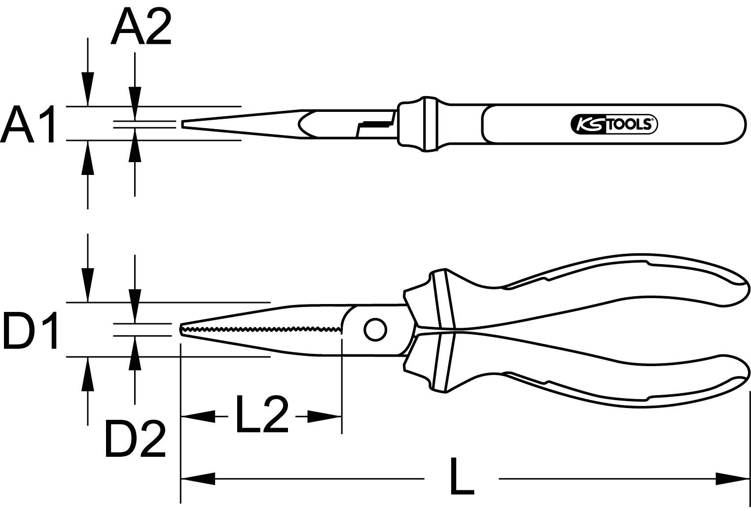Zeichnung von zwei Zangen mit Maßen: A1, A2 für die obere; D1, D2, L2 für die untere, Gesamtmaß L. Herstellerlogo 'KS Tools' sichtbar.