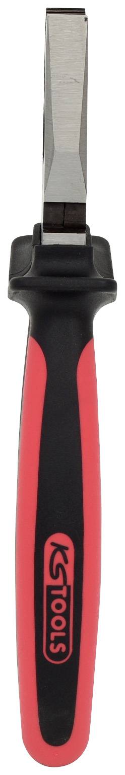 Ein schwarzer und roter Schraubendreher mit flacher Klinge und ergonomischem Griff, geeignet für handwerkliche Arbeiten.