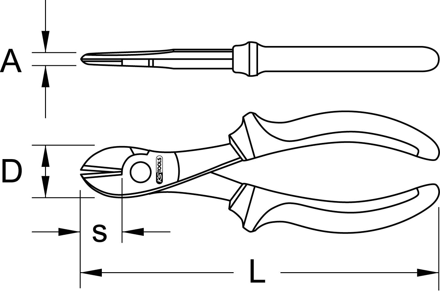 'Technische Zeichnung von Seitenschneider mit Abmessungen: A, D, S, L. Draufsicht mit detaillierten Maßen und Form.'