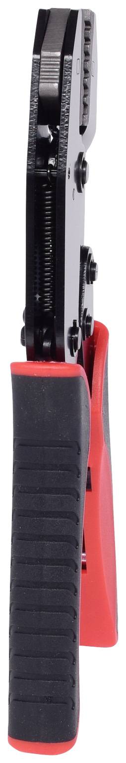 Zange mit schwarzem Kopf und rotem Griff, seitlich abgebildet. Geeignet für handwerkliche Arbeiten und Kabelverbindungen.