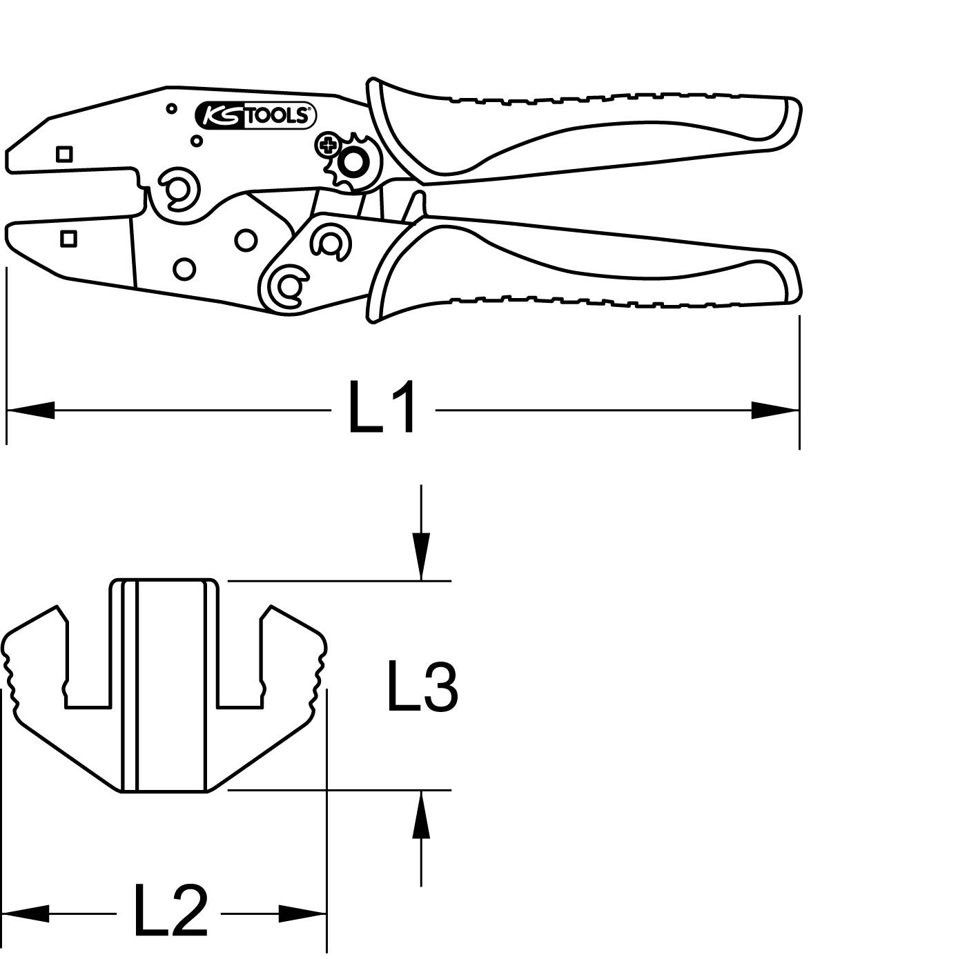 Abbildung einer Crimpzange mit Maßen L1, L2 und L3. Werkzeug von KS Tools, geeignet zum Schneiden und Crimpen von Drähten.