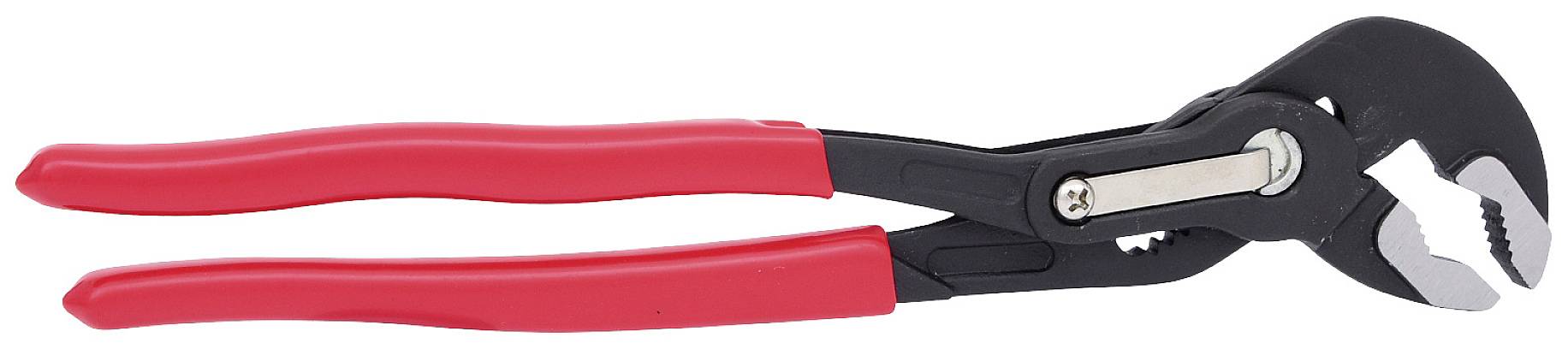 Rote Wasserpumpenzange aus Metall mit verstellbaren Backen, vorgesehen für das Greifen und Drehen von Rohren und Schrauben.