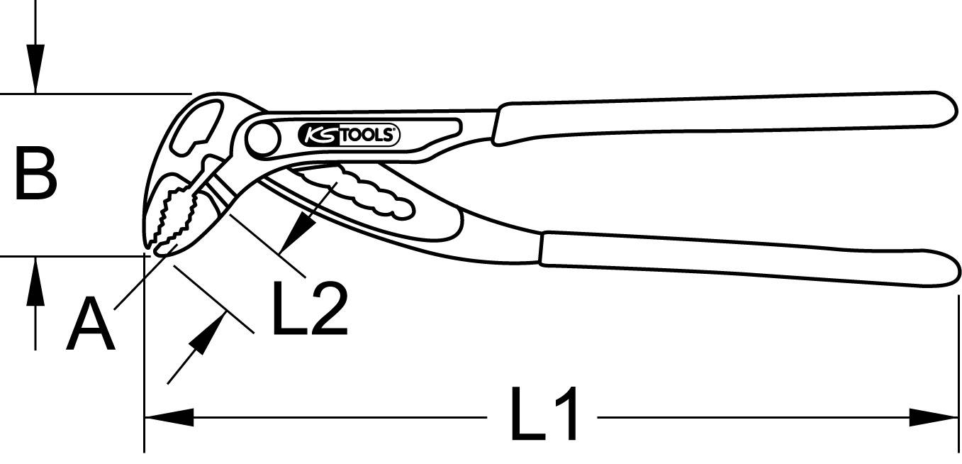 Diese Zeichnung zeigt eine Wasserpumpenzange von KS Tools mit den Bezeichnungen L1, L2, A und B, die Maße der Zange darstellen.