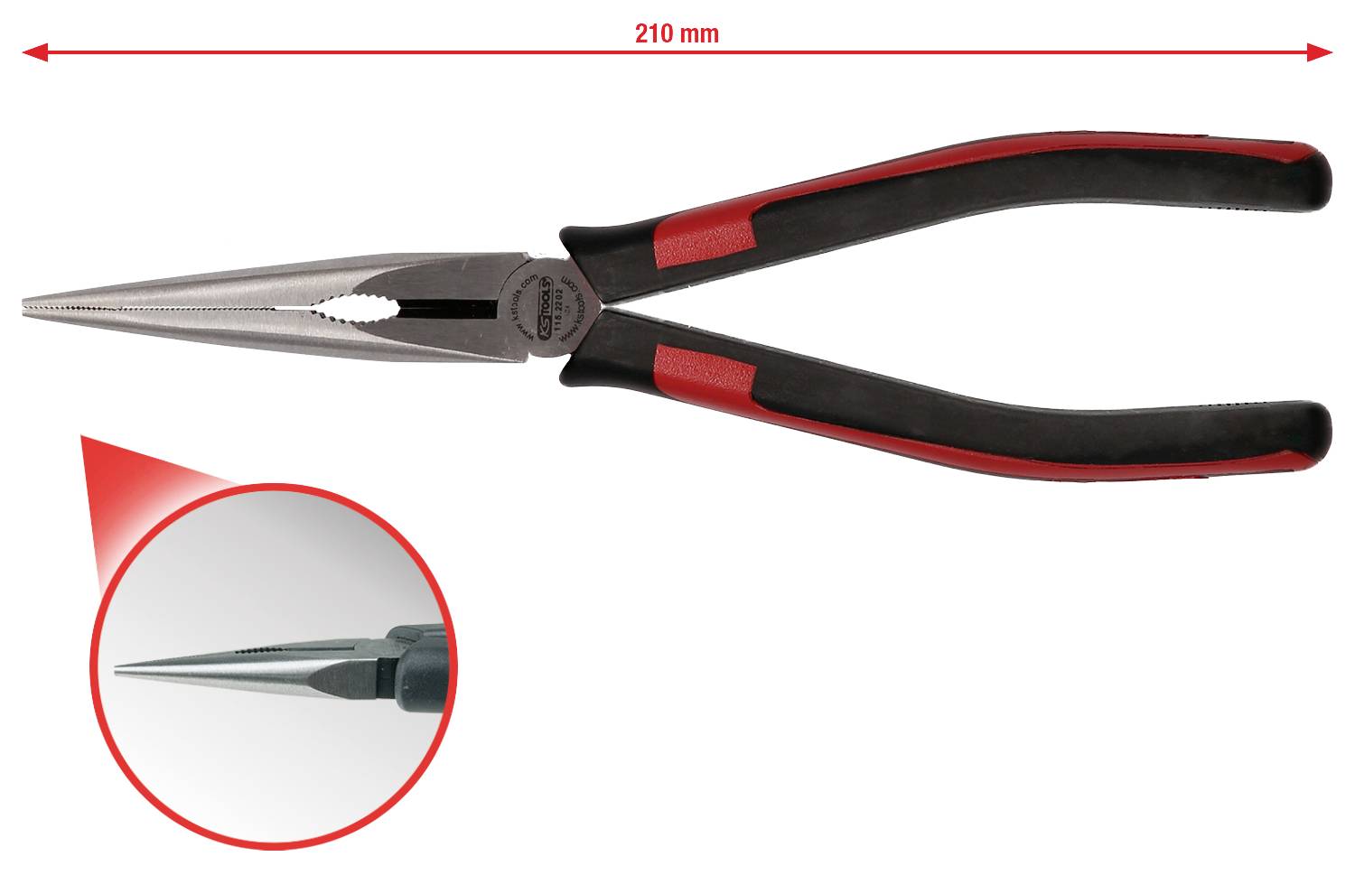 'Längliche Spitzzange mit schwarzem und rotem Griff, Länge 210 mm. Vergrößerte Ansicht der Präzisionsspitzen in einem Kreis.'