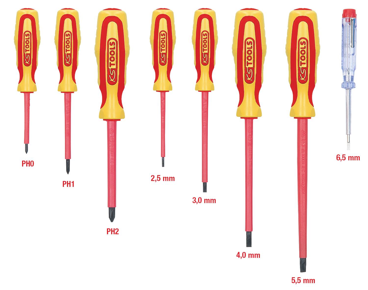 'Set aus acht Schraubendrehern, sieben rot-gelb isoliert, einer blau. Größen in PH0, PH1, PH2, 2,5 mm, 3,0 mm, 4,0 mm, 5,5 mm und 6,5 mm.'