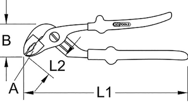 Technische Zeichnung einer Wasserpumpenzange mit markierten Abmessungen A, B, L1, L2. Seitenansicht mit Herstellerlogo.