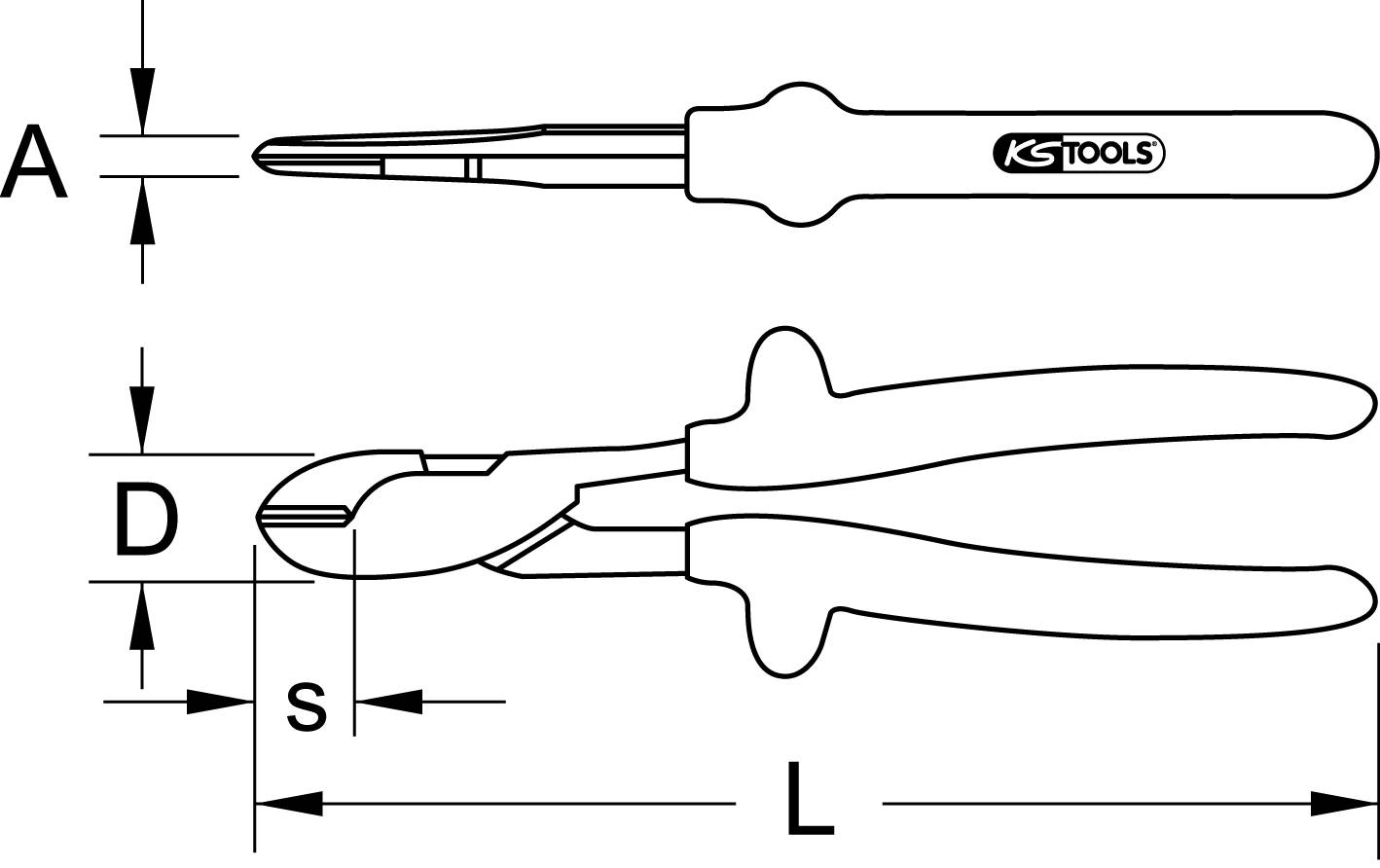 'Technische Zeichnung von zwei Zangen mit Maßangaben, Seiten- und Draufsicht, Beschriftungen: A, D, S, L.'