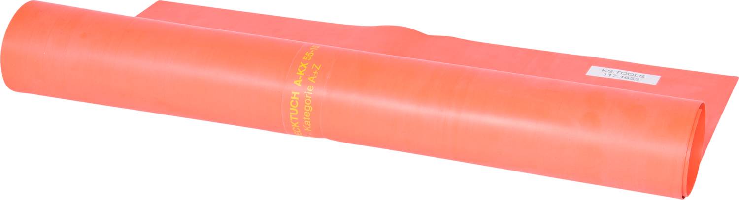 Eine gerollte, orange PVC-Folie mit gelbem Aufdruck auf der Oberfläche, liegend auf einer weiteren ausgerollten Folie derselben Farbe.