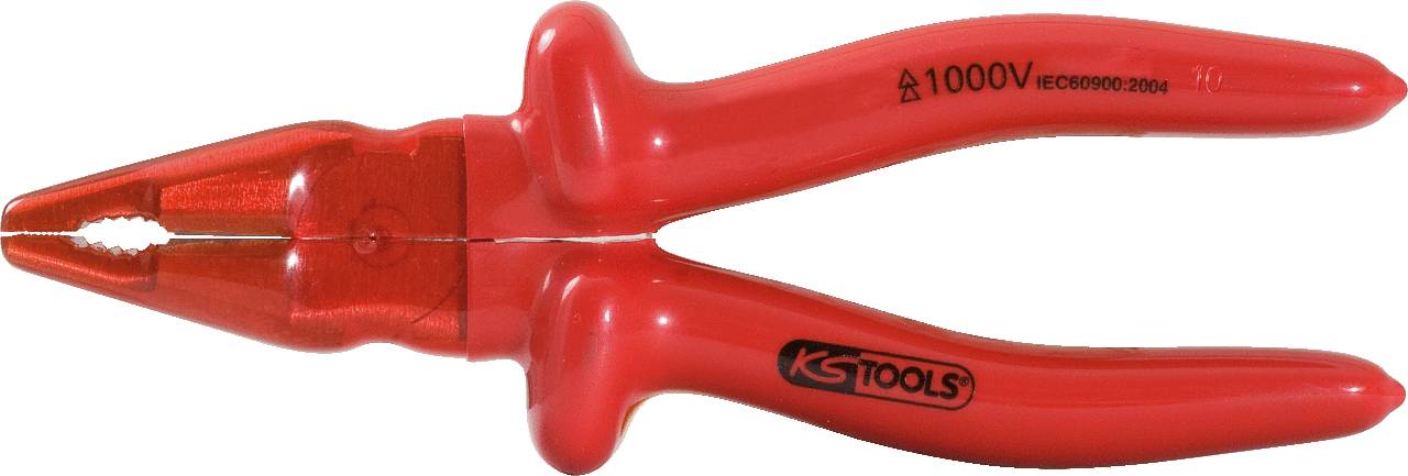 Rote isolierte Kombizange mit Aufdruck '1000V'. Geeignet für Arbeiten mit hoher Spannung.