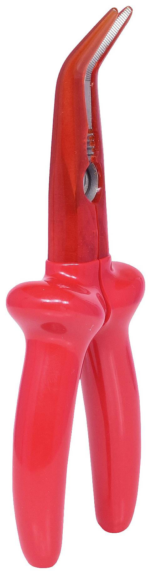 Rote Zange mit gebogenen Spitzen, die zum Greifen kleiner Gegenstände verwendet wird. Geeignet für präzise Arbeiten in Technik oder Handwerk.